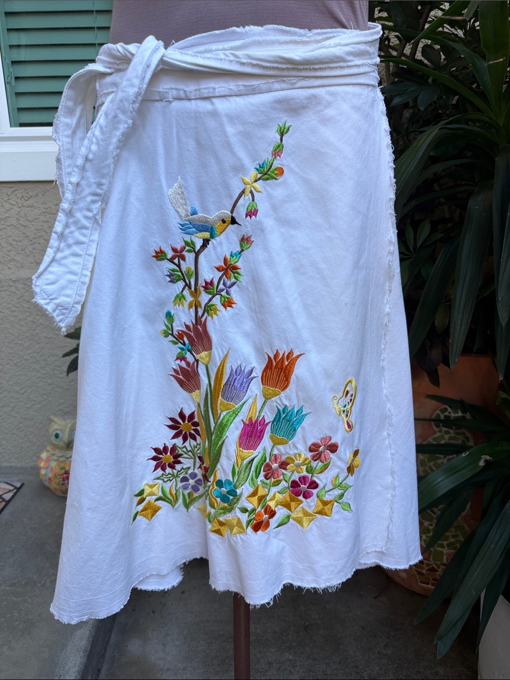 Vintage White Wrap Midi Skirt with Colorful Floral & Bird Embroidery